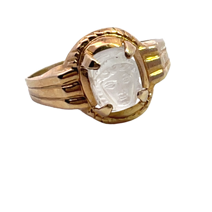 Victorian 10KY gold, carved moonstone, Ostby and Barton ring