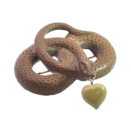 Victorian sterling silver, lava, and jade coiled snake brooch