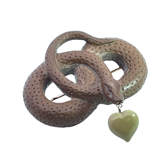 Victorian sterling silver, lava, and jade coiled snake brooch