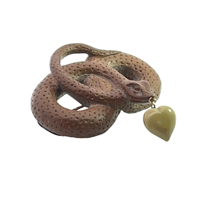 Victorian sterling silver, lava, and jade coiled snake brooch