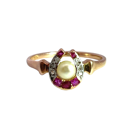 Victorian 14K yellow gold, diamond, ruby and cultured pearl horseshoe ring