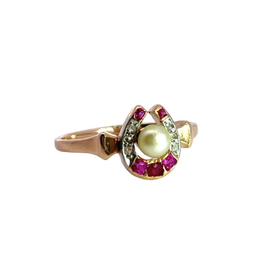 Victorian 14K yellow gold, diamond, ruby and cultured pearl horseshoe ring