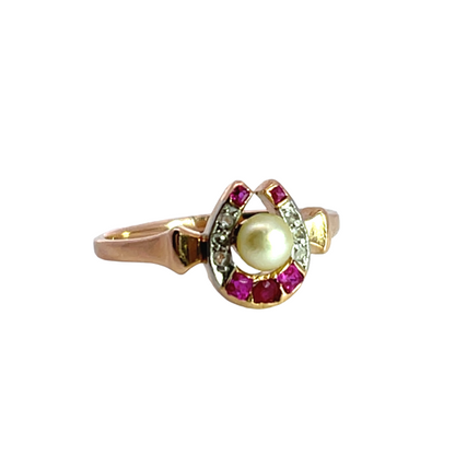 Victorian 14K yellow gold, diamond, ruby and cultured pearl horseshoe ring
