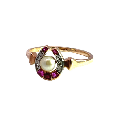 Victorian 14K yellow gold, diamond, ruby and cultured pearl horseshoe ring