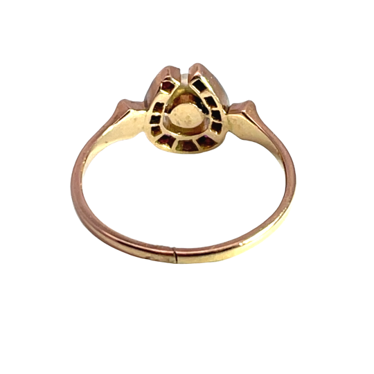 Victorian 14K yellow gold, diamond, ruby and cultured pearl horseshoe ring