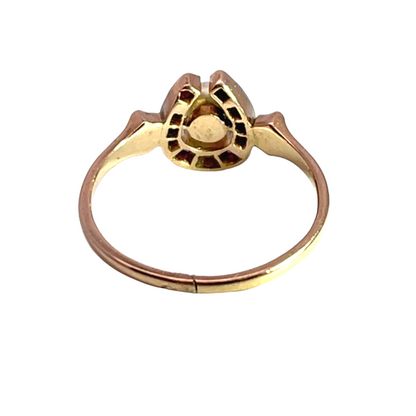 Victorian 14K yellow gold, diamond, ruby and cultured pearl horseshoe ring