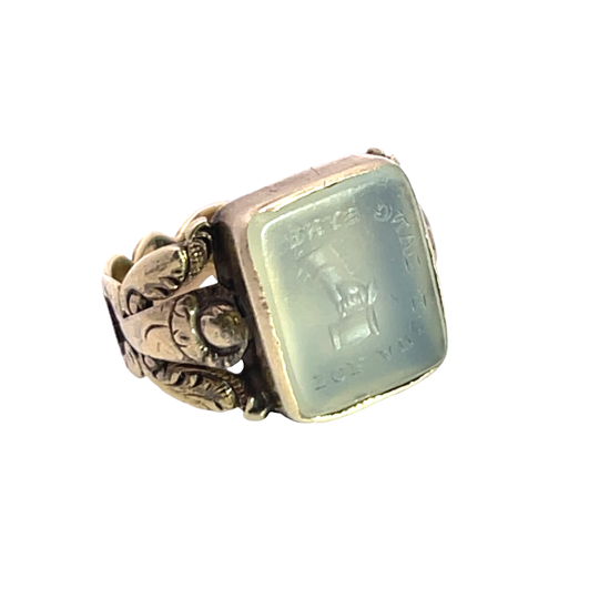 Victorian Scottish 9KY gold with agate carving Auld Lang Syne Ring