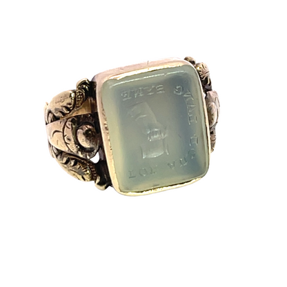 Victorian Scottish 9KY gold with agate carving Auld Lang Syne Ring