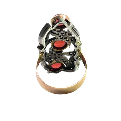 Georgian 18KY gold, sterling silver, garnet, and rose cut diamond ring