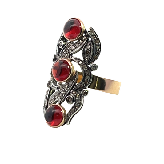 Georgian 18KY gold, sterling silver, garnet, and rose cut diamond ring
