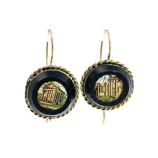 Victorian 14KY gold micro mosaic hook style earrings