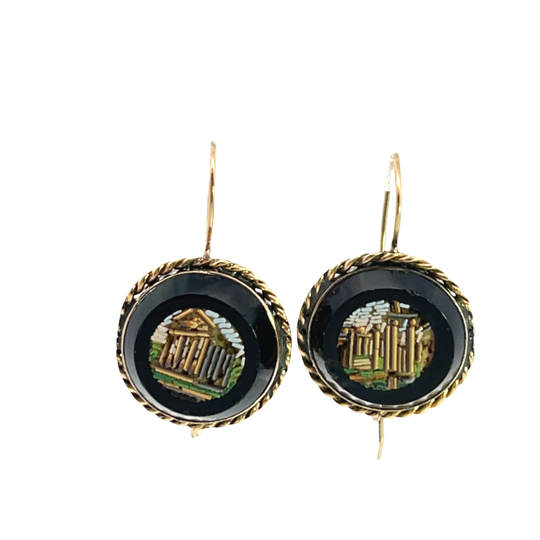 Victorian 14KY gold micro mosaic hook style earrings