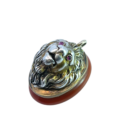 Modern Gilt Sterling Silver, banded agate, garnet lion fob pendant