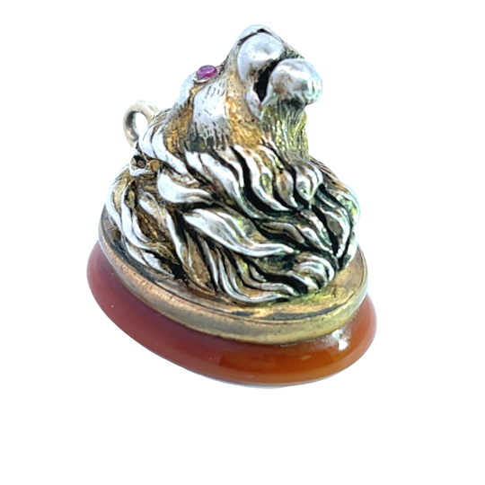 Modern Gilt Sterling Silver, banded agate, garnet lion fob pendant