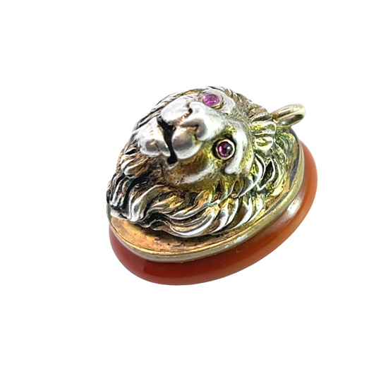 Modern Gilt Sterling Silver, banded agate, garnet lion fob pendant
