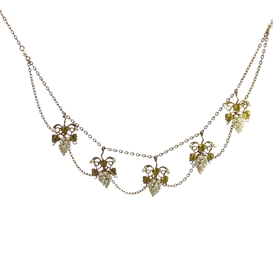 Victorian 10KY gold and seed pearl grapevine double chain necklace