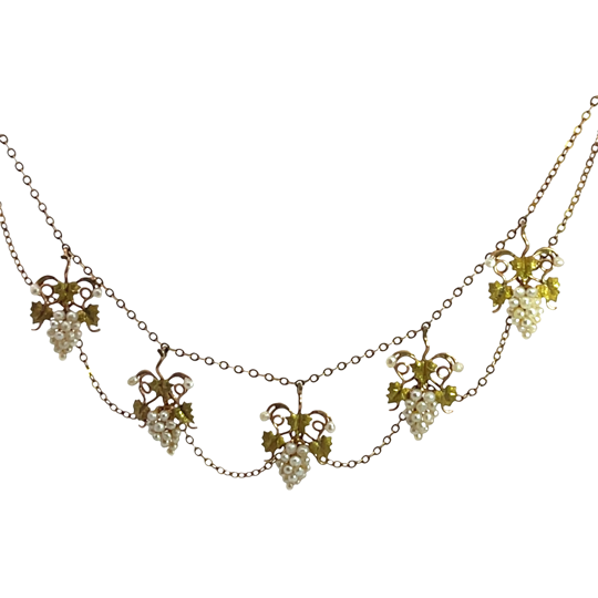 Victorian 10KY gold and seed pearl grapevine double chain necklace