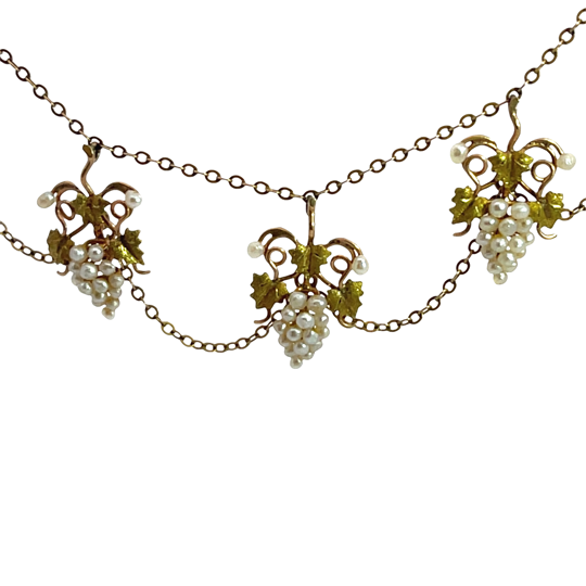 Victorian 10KY gold and seed pearl grapevine double chain necklace