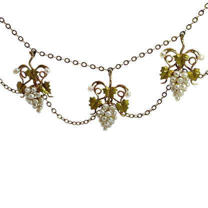Victorian 10KY gold and seed pearl grapevine double chain necklace