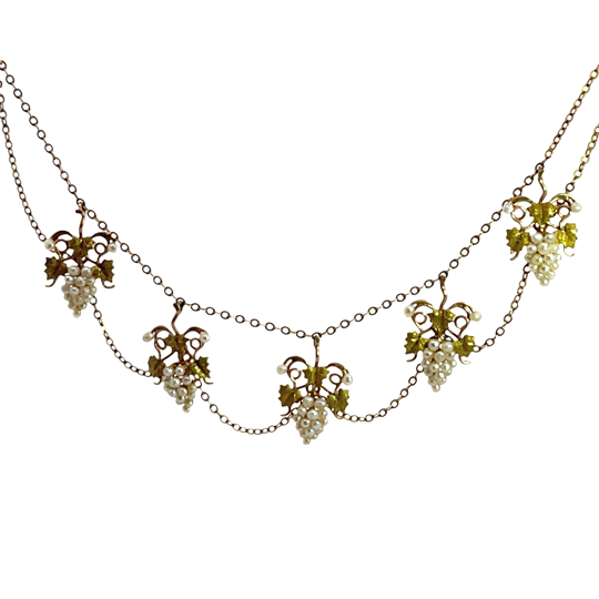 Victorian 10KY gold and seed pearl grapevine double chain necklace