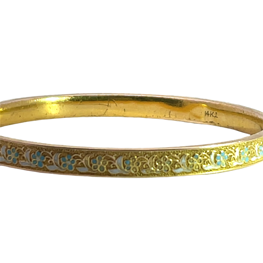 Victorian 14KY gold and blue enamel Forget-Me-Not bangle style bracelet