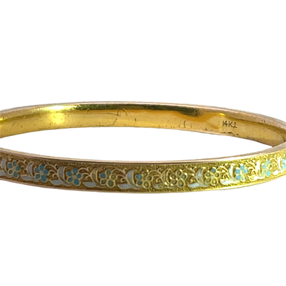 Victorian 14KY gold and blue enamel Forget-Me-Not bangle style bracelet