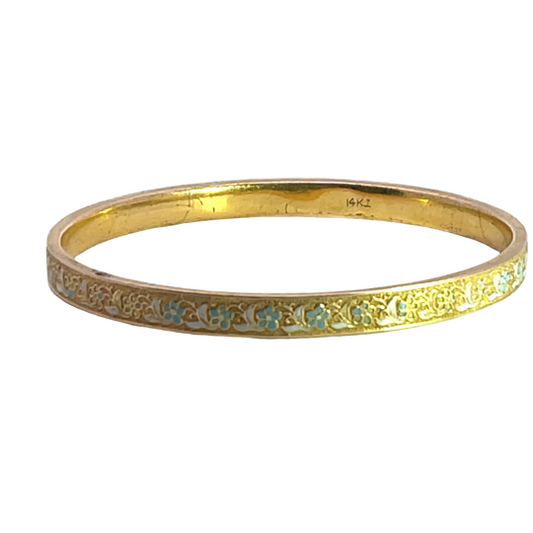 Victorian 14KY gold and blue enamel Forget-Me-Not bangle style bracelet