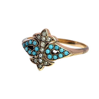 Early Victorian 10K rose gold, turquoise and pearl ring
