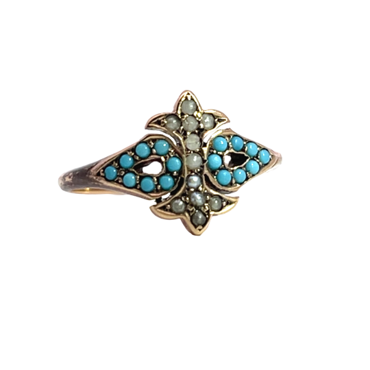Early Victorian 10K rose gold, turquoise and pearl ring