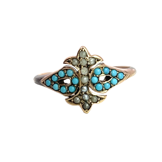Early Victorian 10K rose gold, turquoise and pearl ring