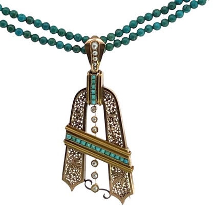 Victorian 14KY gold Persian turquoise, cultured pearl convertible pin/pendant