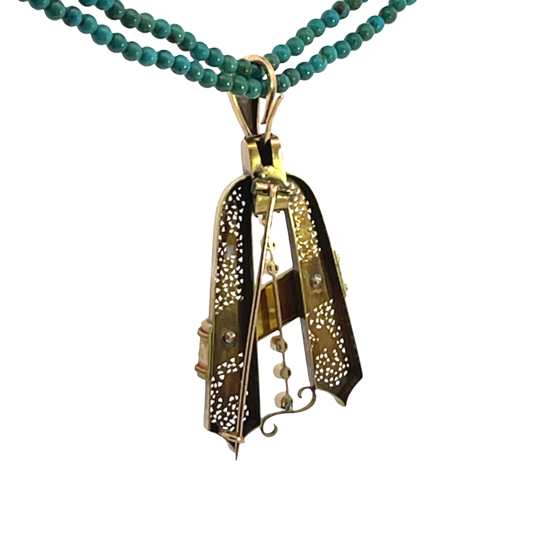 Victorian 14KY gold Persian turquoise, cultured pearl convertible pin/pendant