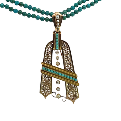 Victorian 14KY gold Persian turquoise, cultured pearl convertible pin/pendant