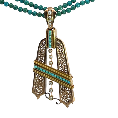 Victorian 14KY gold Persian turquoise, cultured pearl convertible pin/pendant