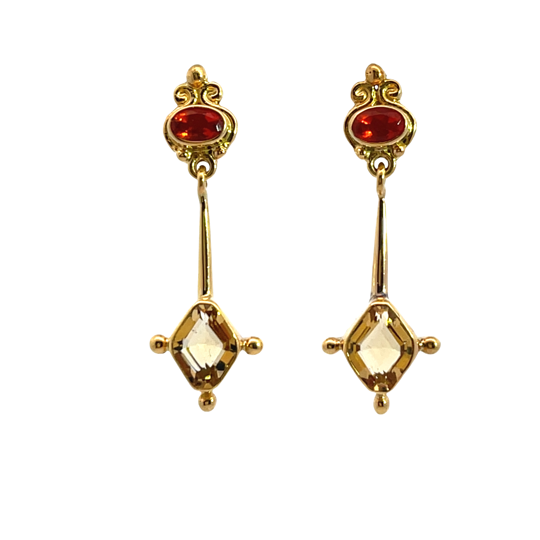 Modern 18KY gold Mexican Fire opal and citrine drop style post earrings