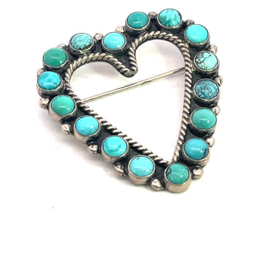 Native American Sterling silver and turquoise open heart brooch