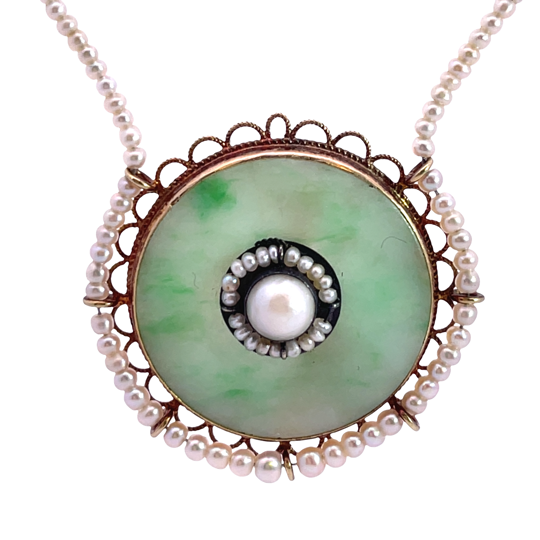 Early Victorian 14K rose gold, sterling silver, jadeite, cultured pearl and natural seed pearl pendant necklace