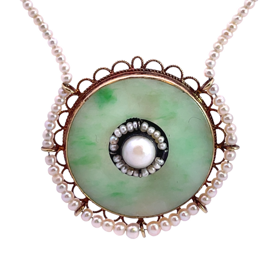 Early Victorian 14K rose gold, sterling silver, jadeite, cultured pearl and natural seed pearl pendant necklace