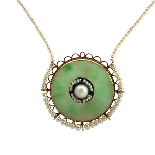Early Victorian 14K rose gold, sterling silver, jadeite, cultured pearl and natural seed pearl pendant necklace