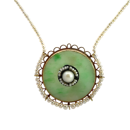 Early Victorian 14K rose gold, sterling silver, jadeite, cultured pearl and natural seed pearl pendant necklace