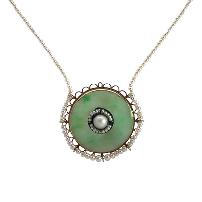 Early Victorian 14K rose gold, sterling silver, jadeite, cultured pearl and natural seed pearl pendant necklace
