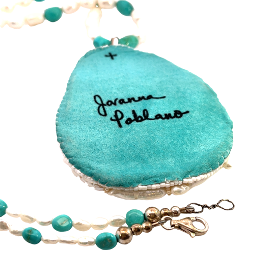 Native American Sterling Silver, carved Mother of Pearl, cultured pearls and turquoise Jovanna Poblano pendant necklace