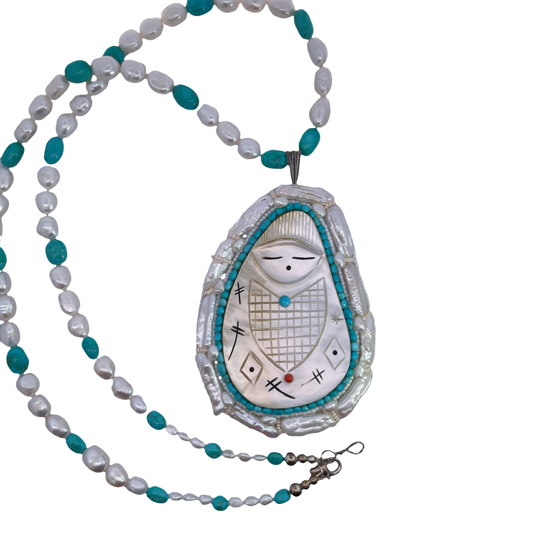 Native American Sterling Silver, carved Mother of Pearl, cultured pearls and turquoise Jovanna Poblano pendant necklace