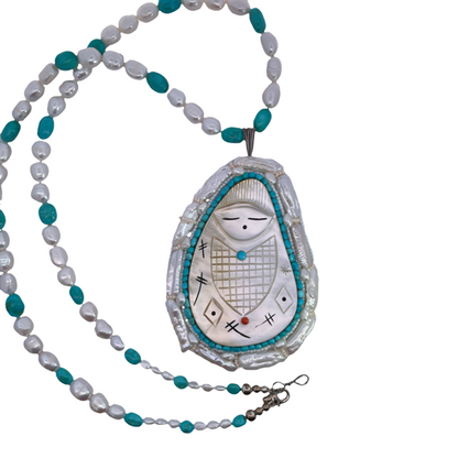 Native American Sterling Silver, carved Mother of Pearl, cultured pearls and turquoise Jovanna Poblano pendant necklace