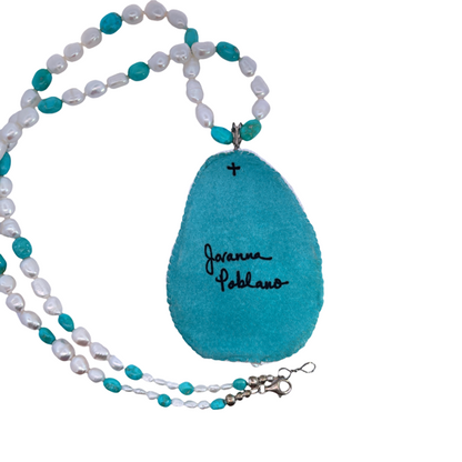 Native American Sterling Silver, carved Mother of Pearl, cultured pearls and turquoise Jovanna Poblano pendant necklace