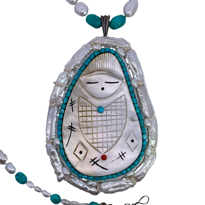 Native American Sterling Silver, carved Mother of Pearl, cultured pearls and turquoise Jovanna Poblano pendant necklace