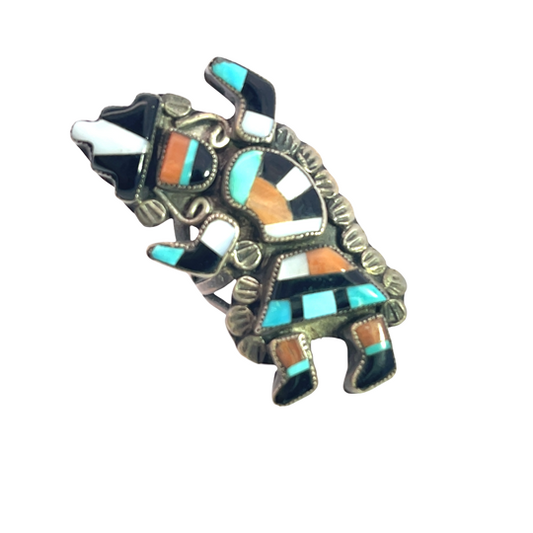 Native American Zuni Sterling Silver turquoise, onyx, mother of pearl and coral Kachina Rainbow Man ring