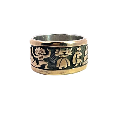 Native American Sterling Silver Gold overlay Hopi Kachina Dancers Watson Honanie ring