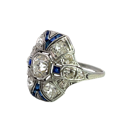 Art Deco Platinum, sapphire and Old Mine Cut diamond ring