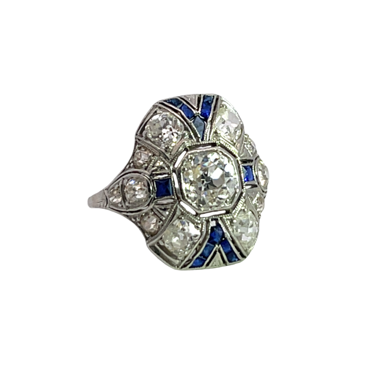 Art Deco Platinum, sapphire and Old Mine Cut diamond ring